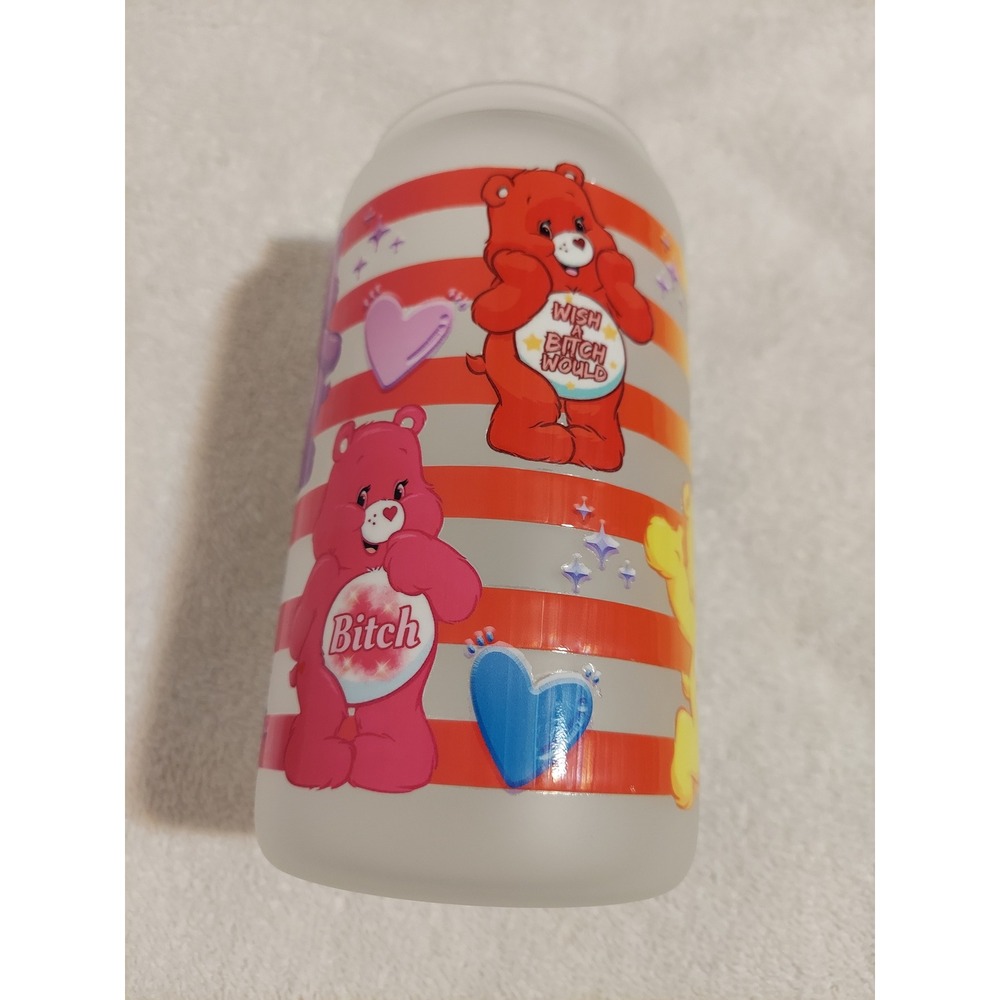 Care Bears Inspired Frosted Glass Can Tumbler With Lid &‎ Straw Funny Humor
